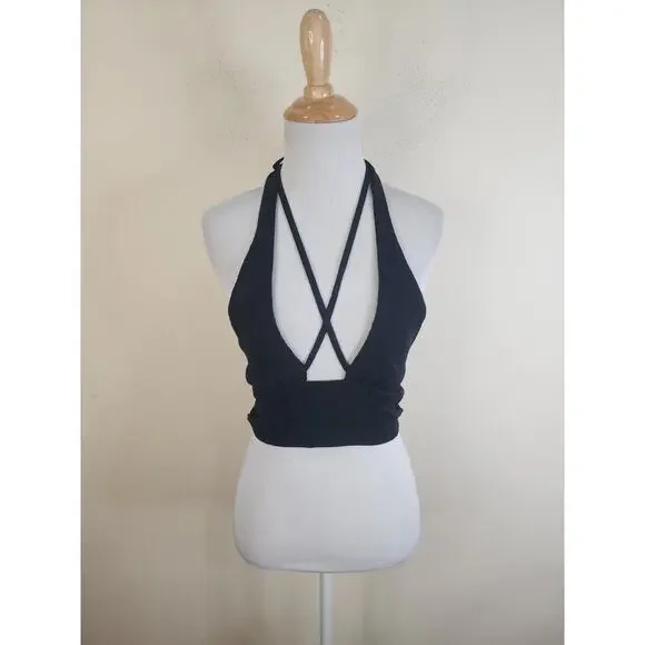 URBAN OUTFITTERS Valeria Halter Crop Top Size Small Black Shirt Strappy - Picture 6 of 12